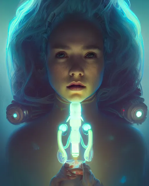 Image similar to one singular portrait of a cute bioluminescent creature, pulp scifi, highly detailed, digital painting, moody cinematic lighting, hyperrealism, dark retrowave, art by stanley lau and artgerm and magali villeneuve and alphonse mucha, artstation, octane render, cgsociety