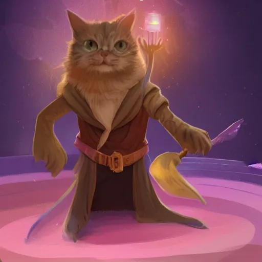 Image similar to a wizard is laughing at a small cat, dynamic pose, chromatic aberration , medium level shot, fantasy, illustration, concept art,