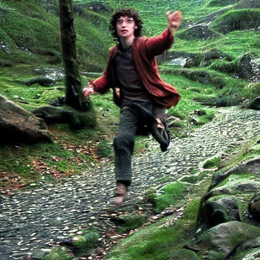 Prompt: Frodo running from gollum, action , go pro footage