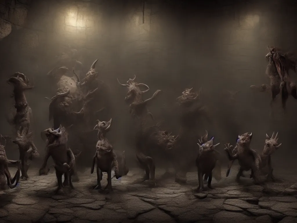 Prompt: A group of Kobolds in a dungeon. Horror, creepy, unsettling, dark, mysterious, strange, photo realistic, stunning atmosphere, cinematic lighting, cinematic Rendering, 4K, rendered in octane.