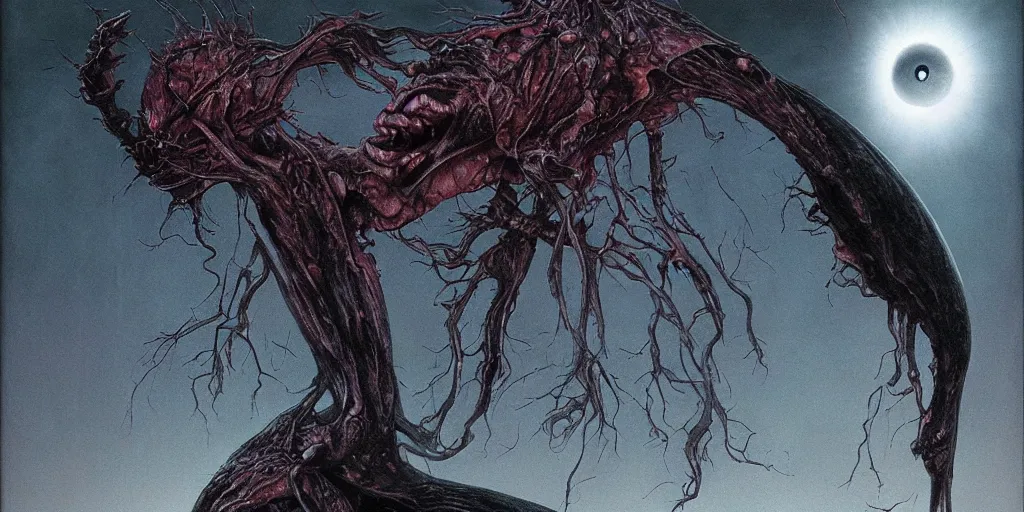 Image similar to the eclipse from berserk, creepy, melting, since, horror, art by wayne barlowe, giger, artgerm