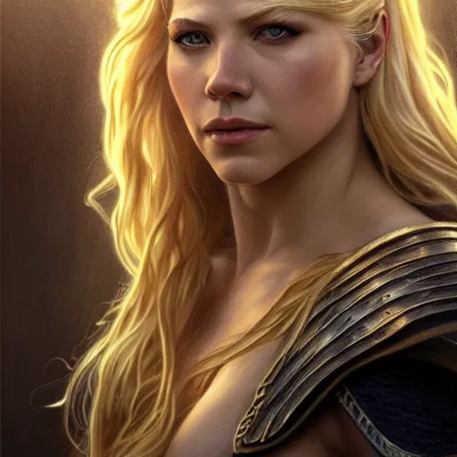 Prompt: beautiful Katheryn Winnick as Lady Thor, western, closeup, D&D, fantasy, intricate, elegant, highly detailed, digital painting, artstation, concept art, matte, sharp focus, illustration, art by Artgerm and Greg Rutkowski and Alphonse Mucha