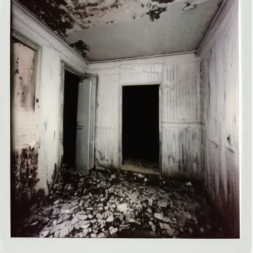 Image similar to the interior of a dark abandoned house with a creepy pale face at the top of a dark stairwell, old polaroid, blurry photo, expired film,