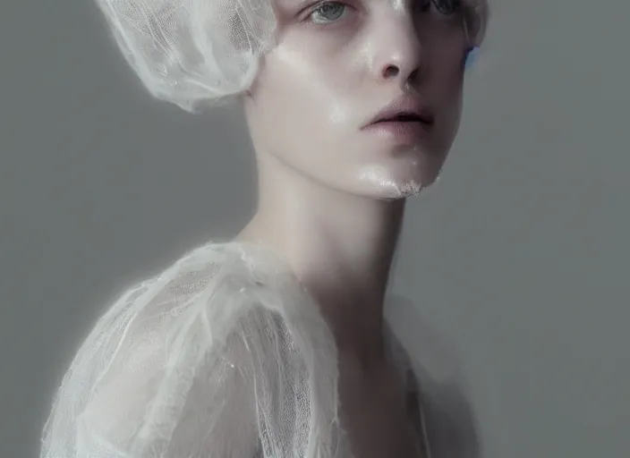 Image similar to nails and needles dig into a stupid head, in style of paolo roversi, britt marling style 3 / 4, a beautiful ethereal lace white robe, 8 k, soft focus, soft light, volumetric lighting, highly detailed realistic, refined, highly detailed, natural outdoor soft pastel lighting colors scheme