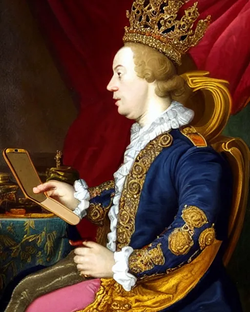 Prompt: 1 7 0 0 s painting royal portrait of the king of england checking his twitter feed on his cellphone while sitting on his throne gold crown