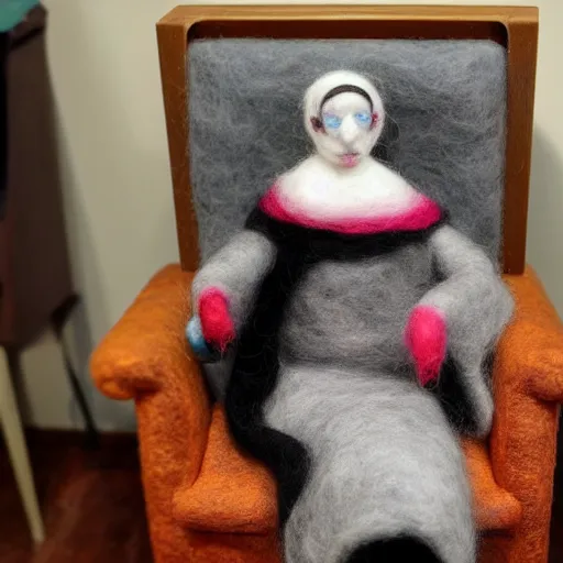 Image similar to photo of a life sized needle - felted 2 0 0 year old crone in a needle felted lounge room