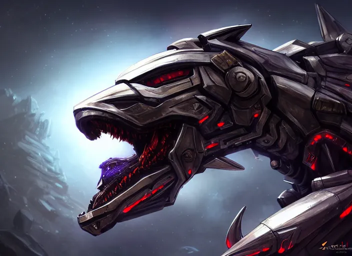 Image similar to hyper realistic, epic, highly detailed cinematic fukll, shot of a gigantic feral robot mecha canine, sharp dragon claws, detailed glowing head, metal ears, cannon mounted on back, sleek armor, glowing visor, detailed sharp claws, digital art, furry art, macro art, dragon art, furaffinity, deviantart, sofurry