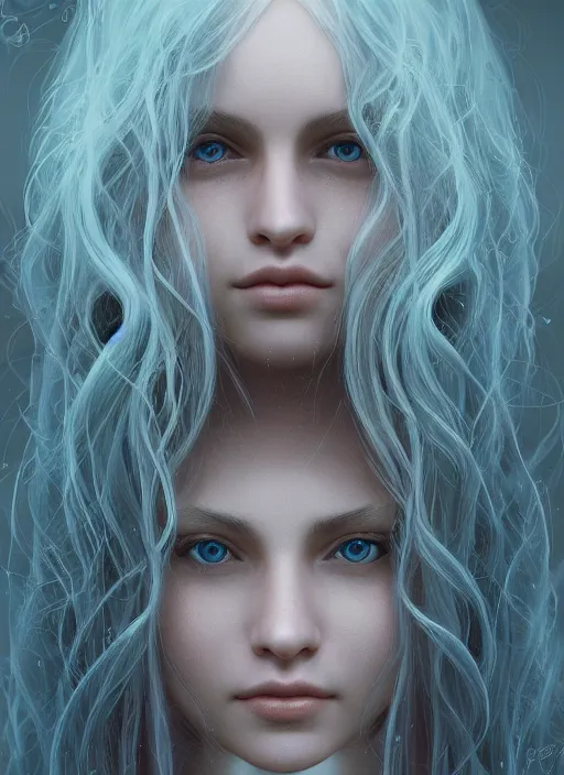 Prompt: centered detailed portrait of a extremely beautiful young girl and elves hybrid, long wavy blue hair, sharp focus on the eyes, face symmetry, highly detailed, final fantasy, intricate, octane render, smooth face, illustration, hyperrealistic, by dmitry prozorov, wlop