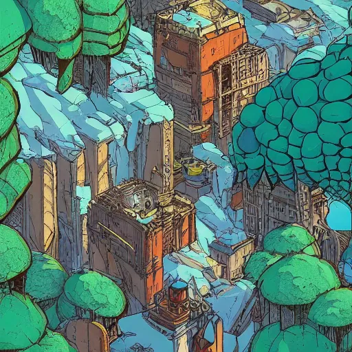 Image similar to cell shaded adult animation, a birds eye view overlooking a walled off ancient fantasy city being attacked by horrific monsters, surrounded by mountains and trees of greens and browns, rivers, concept art by josan gonzales and wlop, Laurie Greasley, Bekinski and james jean, highly detailed, sharp focus, Trending on Artstation, HQ, deviantart, art by artgem