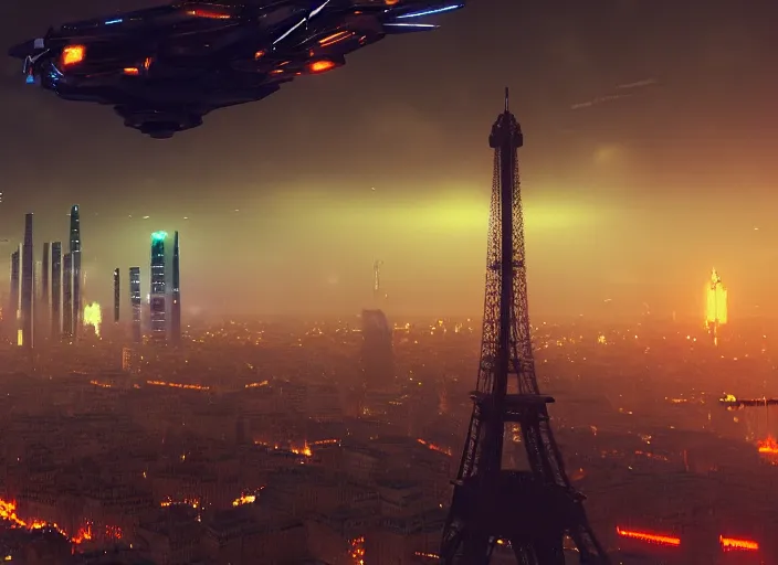 Image similar to cyberpunk scifi scene of paris at night, scifi drones in the sky, artstation, matt painting, very detailed, maximalism, ambient occlusion, volumetric light, atmospheric haze, unreal engine, hyper realism, realistic shading, cinematic composition, realistic render, octane render, detailed textures, photorealistic, wide shot