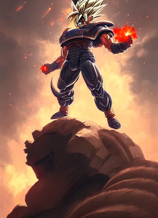 Image similar to portrait epic armored goku with monkey wings. highly detailed, digital painting, concept art, smooth, sharp focus, illustration, art by greg rutkowski