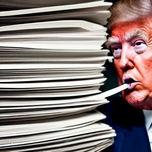 Image similar to candid portrait photo of president trump shoving a wad of paper into his mouth, eating stacks of paper, detailed portrait, 4 k, megapixel, sony a 7 s, f / 8, 2 4 mm lens, ap photo