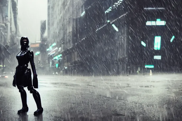 Image similar to vfx marvel sci-fi woman black super hero robot photo real full body action pose, city street cinematic lighting, rain and fog by Emmanuel Lubezki