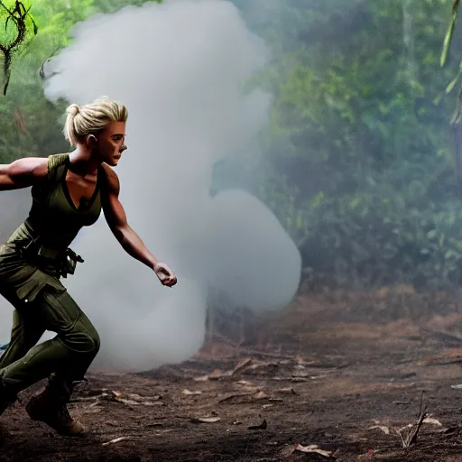 Image similar to cinematic action scene with julianne hough as a commando in the jungle, dramatic smoke, still frame