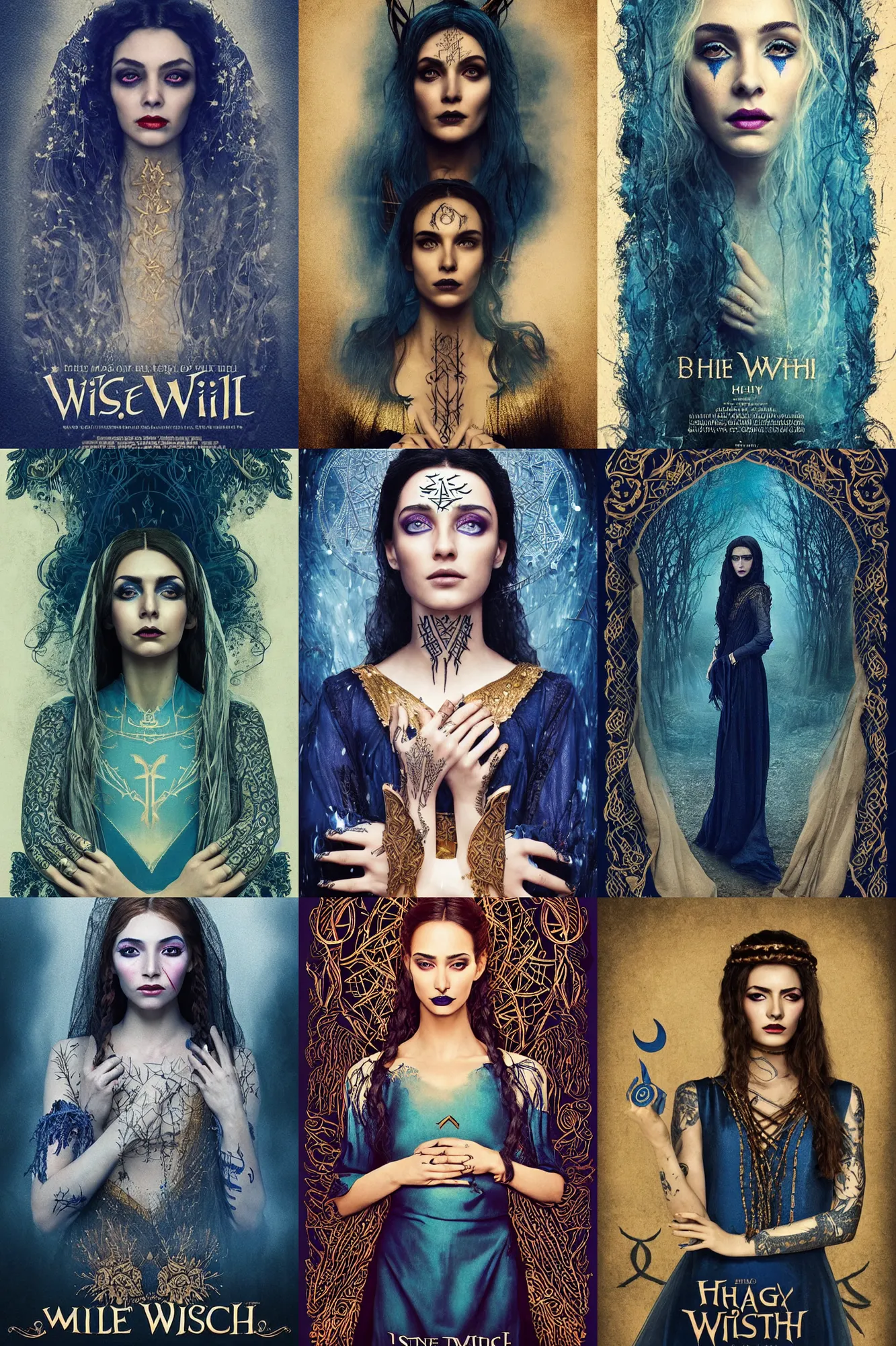 Prompt: young middle eastern woman, strange golden eldritch rune tattoos, blue silk dress, heavy makeup. the witch movie poster.