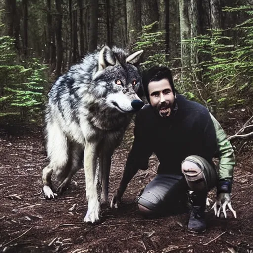 Image similar to werecreature consisting of a wolf and a human, photograph captured in a forest