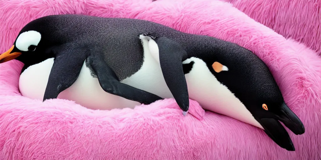 Prompt: realistic penguin sleeping in a pink fluffy bed