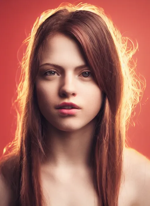 Image similar to Close-up portrait photo of a beautiful girl with light brown hair with red highlights , Cinematic Lighting , Low-key light, flash studio,one light, in the style of Lindsay Adler, dark background, high quality