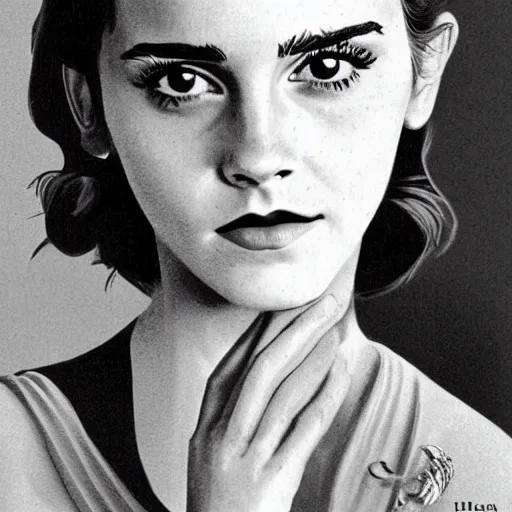 Prompt: Emma Watson portrait, vintage magazine illustration 1950