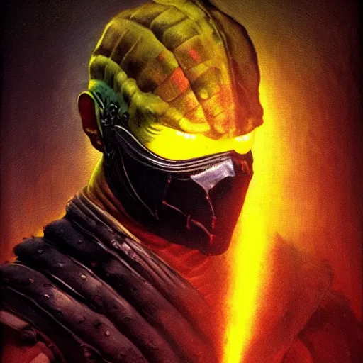 Image similar to a dark and colorful close - up side profile portrait of a mortal kombat chraracter with led lights glowing fog in the background. highly detailed science fiction painting by norman rockwell, frank frazetta, and syd mead. rich colors, high contrast, gloomy atmosphere, dark background. trending on artstation