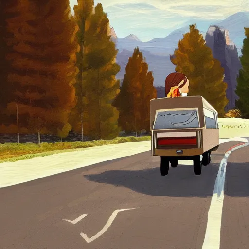 Prompt: camper driving on a calm road, pretty caricature, pretty girl brown hair, canoe, detailed intricate, in the style of Filipe Pagliuso on Artstation