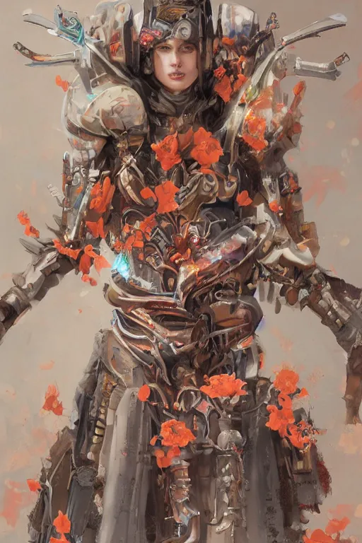 Image similar to portrait of beautiful young mainem, warhammer, japaneese style, cyberpunk armor, a lot of more scars, more and more flowers, orange head, the middle ages, highly detailed, artstation, illustration, art by greg rutkowski, 8 k quality