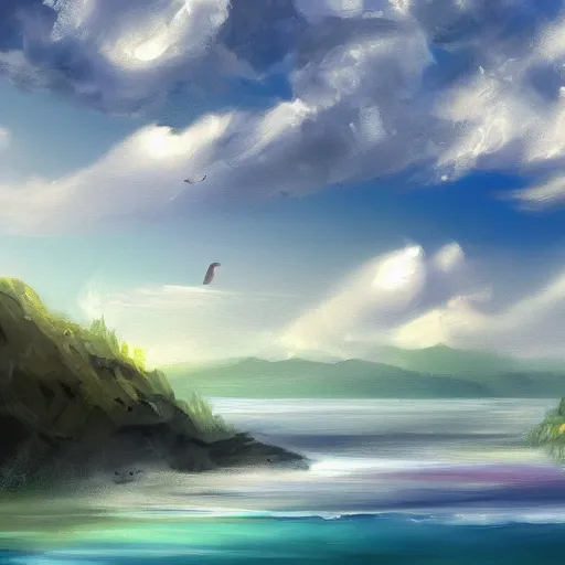 Image similar to painterly concept art landscape with oceans, clouds, and birds