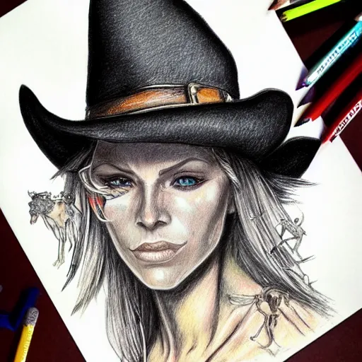 Image similar to beautiful cowboy witch, wild west, detailed, concept art, colored pencil drawing, trending on artstation