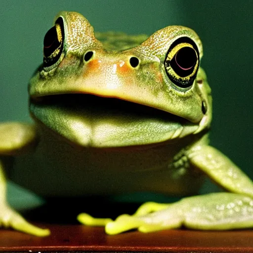 Prompt: Close up of a Budgett's frog sitting on a table and looking at the camera in a still from the movie Blade Runner (1982), high quality, 4k, night