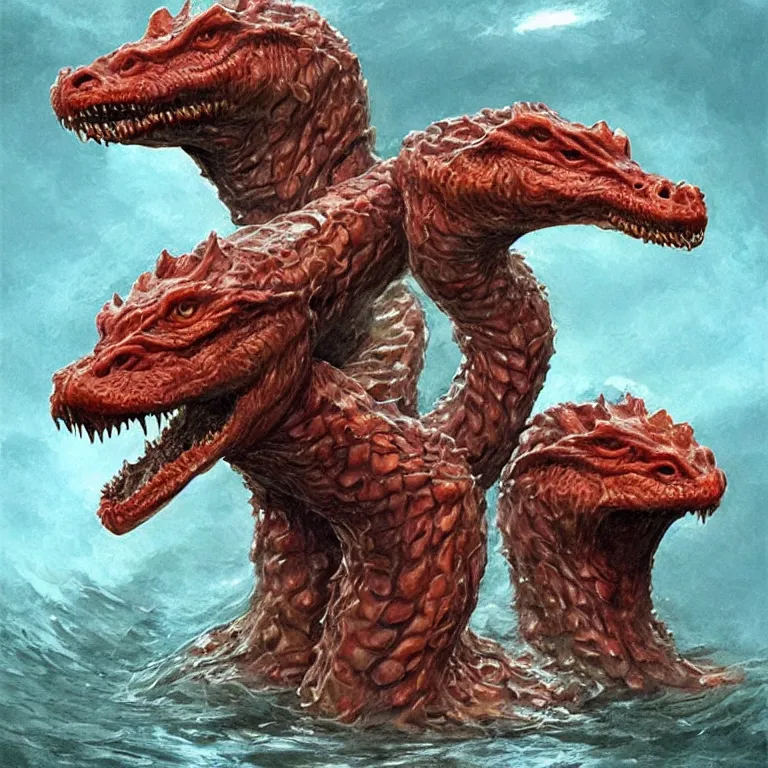 Image similar to two - headed hydra of lerna, jim carey as lloyd christmas and jeff daniels as harry dunne ( from dumb and dumber ), serpentine water monster, aquatic, d & d, fantasy, portrait, highly detailed, digital painting, trending on artstation, concept art, sharp focus, illustration, art by artgerm and greg rutkowski and magali villeneuve