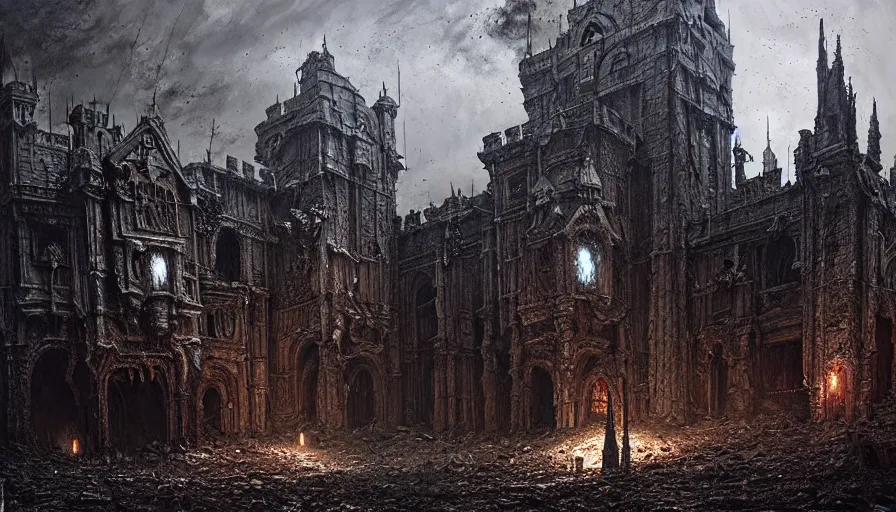 Prompt: a dark wizar, destroyed castle, rotting, blood, night, death, fear, horror, religion, hyperrealism, detailed and intricate environment, by giger, by greg rutkowski