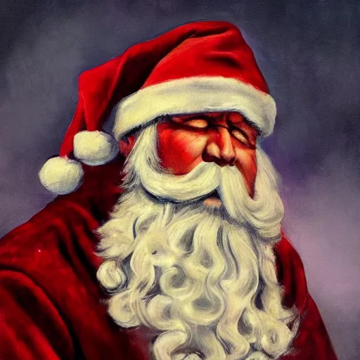 Image similar to an ultra - realistic portrait painting of santa claus in the style of frank frazetta. 4 k. ultra - realistic. highly detailed. dark fantasy. epic lighting.