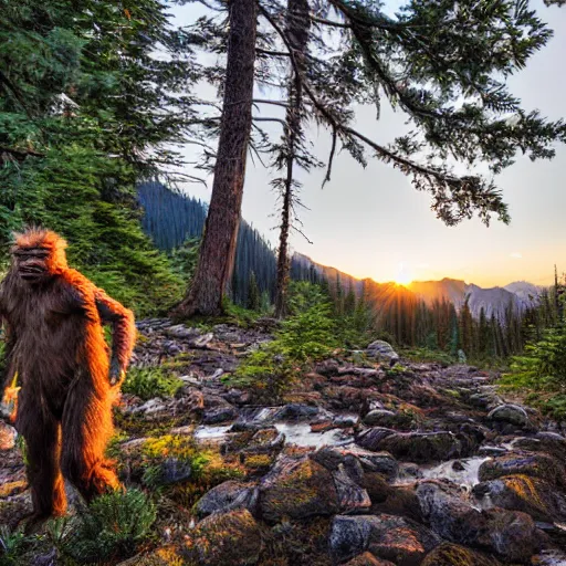 Image similar to Sasquatch tea bags an unfortunate backpacker in the Cascades, sunset, photorealistic 8K HDRI.