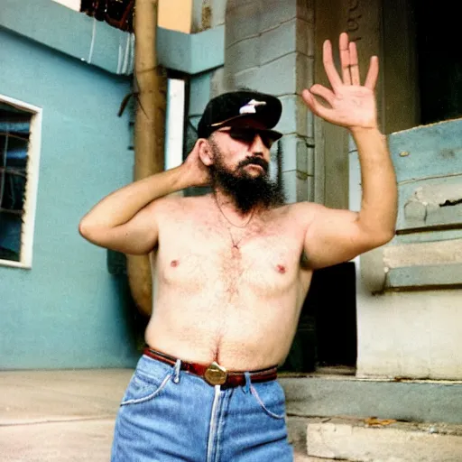 Image similar to fidel castro posing while wearing denim shorts, full body portrait, 3 5 mm film, by nan goldin