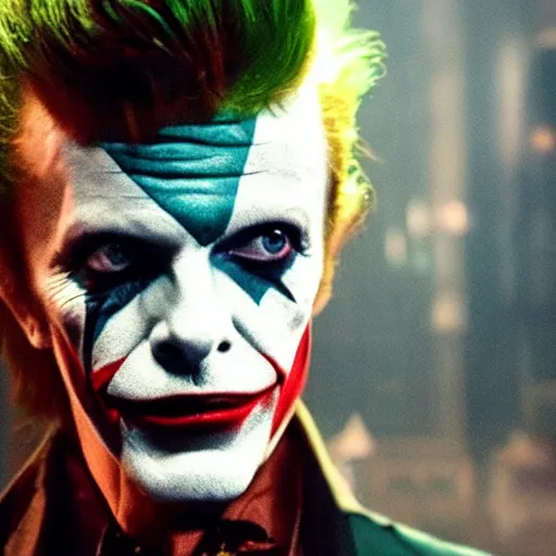 Image similar to awe inspiring David Bowie pkaying The Joker 8k hdr movie still dynamic lighting