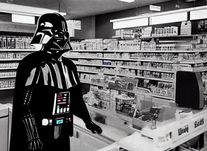 Image similar to film still of Darth Vader working as a clerk in a convenience store in Clerks movie 1994