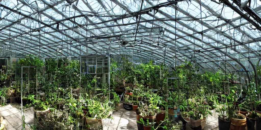 Image similar to interior of experimental greenhouse, cyberpunk.