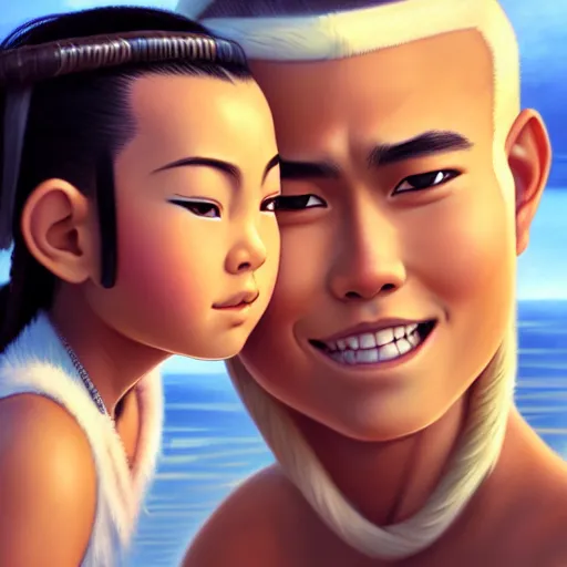 Image similar to beautiful serene intricate portrait of sokka and suki taking a selfie, smiling softly, relaxing on the beach, golden hour, soft focus, 8 k, art by irakli nadar, hyperrealism, hyperdetailed, ultra realistic