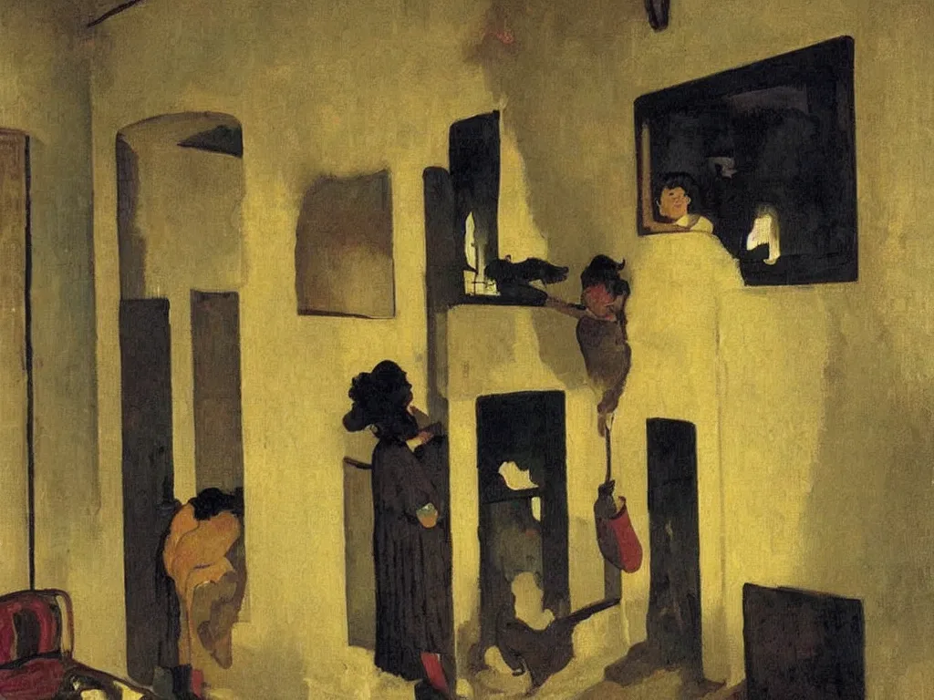 Prompt: Woman setting the interior of a house on fire. The walls are full of old paintings. Painting by Felix Vallotton, John Everett Millais