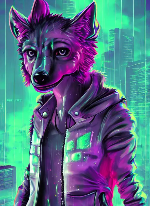 Prompt: digital artwork of anthromorphic hyena female, fursona, furry fandom, neon rainy cyberpunk setting, anthro, wearing cyberpunk 2 0 7 7 jacket, detailed face,