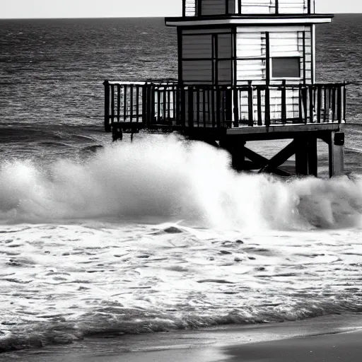 Prompt: a wave crashing into a lifeguard tower at the beach.