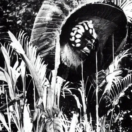Image similar to lost film footage of a sacred indigenous artifact in the middle of the ( ( ( ( ( ( ( ( ( ( tropical jungle ) ) ) ) ) ) ) ) ) ) / ethnographic object / film still / cinematic / enhanced / 1 9 0 0 s / black and white / grain