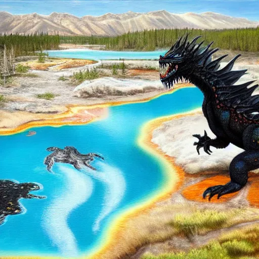 Image similar to highly detailed oil painting of a black dragon in a colorful hotspring at yellowstone national park, featured on artstation