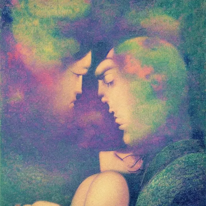 Image similar to close portrait of woman and man kissing. aurora borealis. iridescent, psychedelic colors. painting by balthus, agnes pelton, utamaro, monet