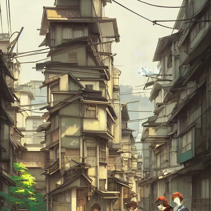 Image similar to empty tokyo neighborhood, spring, in the style of studio ghibli, j. c. leyendecker, greg rutkowski, artem