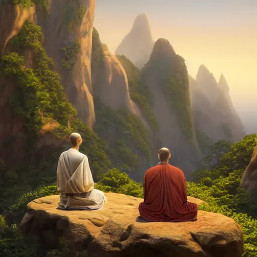 Prompt: a stunning 3 d render of a jesus and buddah and fredrick nietzsche meditating on a cliff facing away from the camera watching the sunrise over the ocean, turbulent ocean in the background, intricate, elegant, highly detailed, artstation, ultra sharp focus, octane render, volumetric lighting, art by greg rutkowski and rembrandt