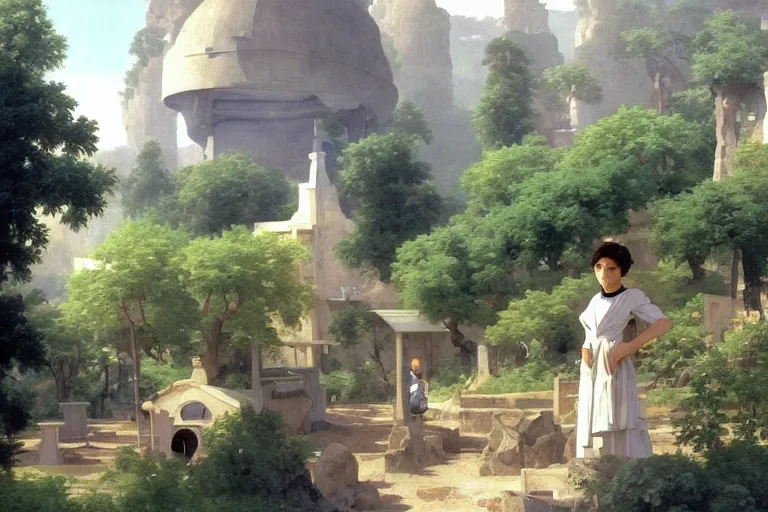 Prompt: a beautiful landscape of a futuristic science fiction village in the french countryside during spring season, painting by studio ghibli hd and william adolphe bouguereau hd, nice afternoon lighting, smooth tiny details, soft and clear shadows, low contrast, perfect