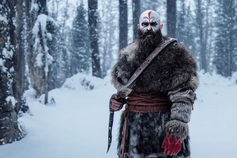 Image similar to vfx movie tough bald man in furs, natural grizzled skin, streaks of red face paint grey beard, dual wielding detailed viking war axes, in snowy tahoe, god of war by emmanuel lubezki