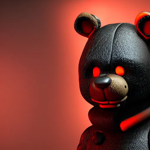 Image similar to A photo of the person in black bear suit, animatronic black Freddy Fazbear with red glowing eyes, 8k, ultra detail, volumetric lighting, unreal engine, octane render, ultra realistic, max quality, epic 35 mm lens shot, photorealism