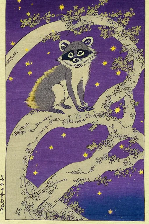 Image similar to purple raccoon in the stars in the style of Utagawa Hiroshige